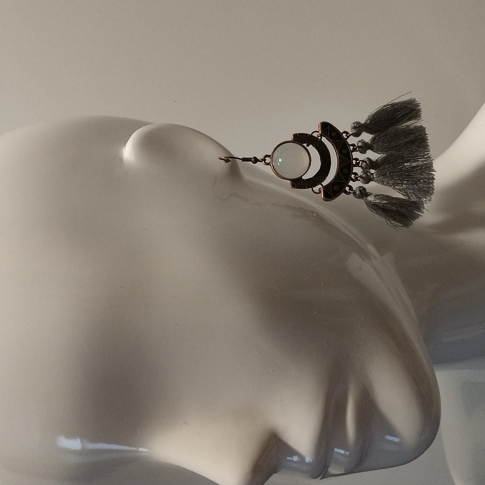 Moonstone Gray Tassel 3.5" Fishhook Earring Boho Aztec Style Bold - Picture 6 of 7